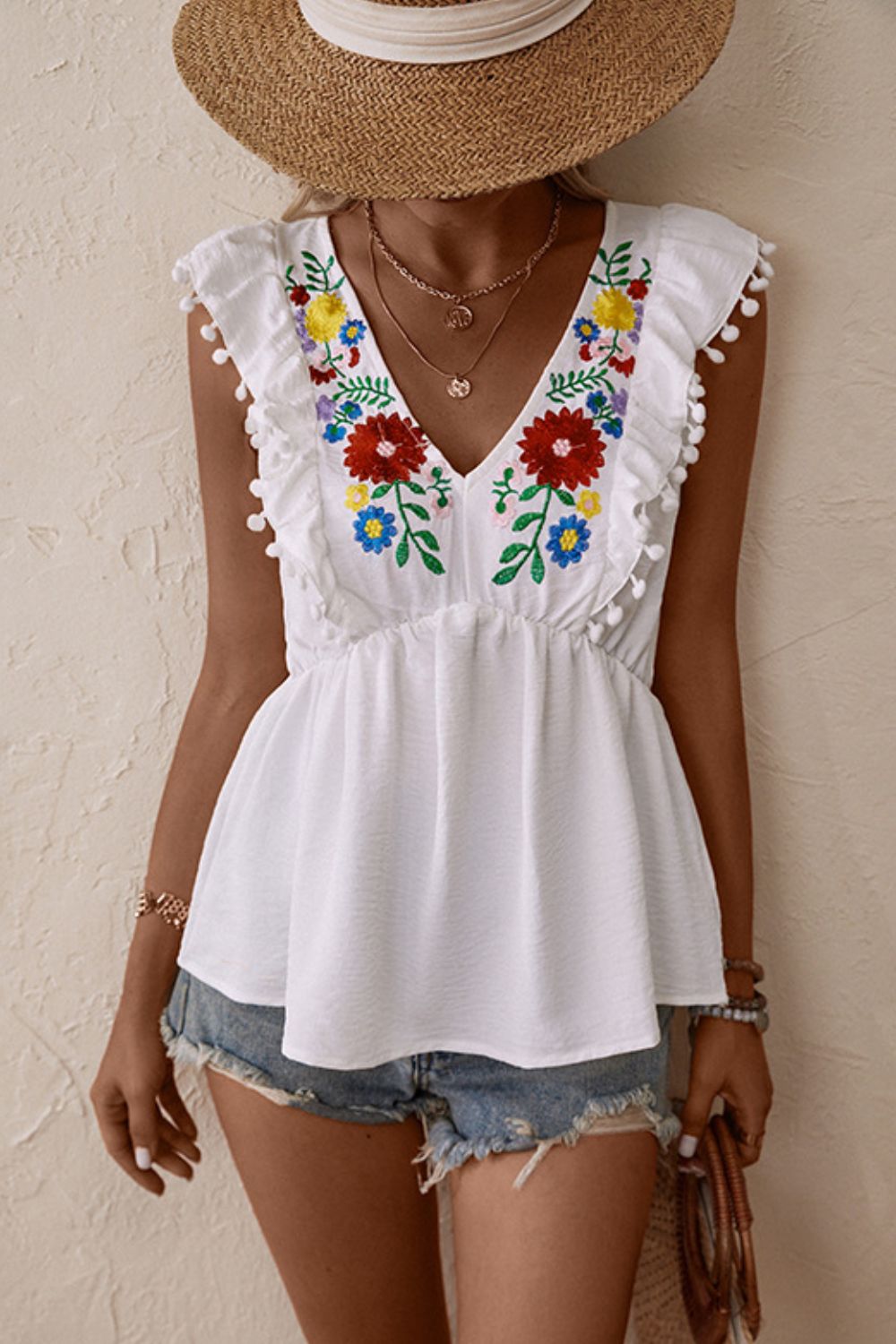 Embroidered Pom-Pom Trim Cap Sleeve Babydoll Top