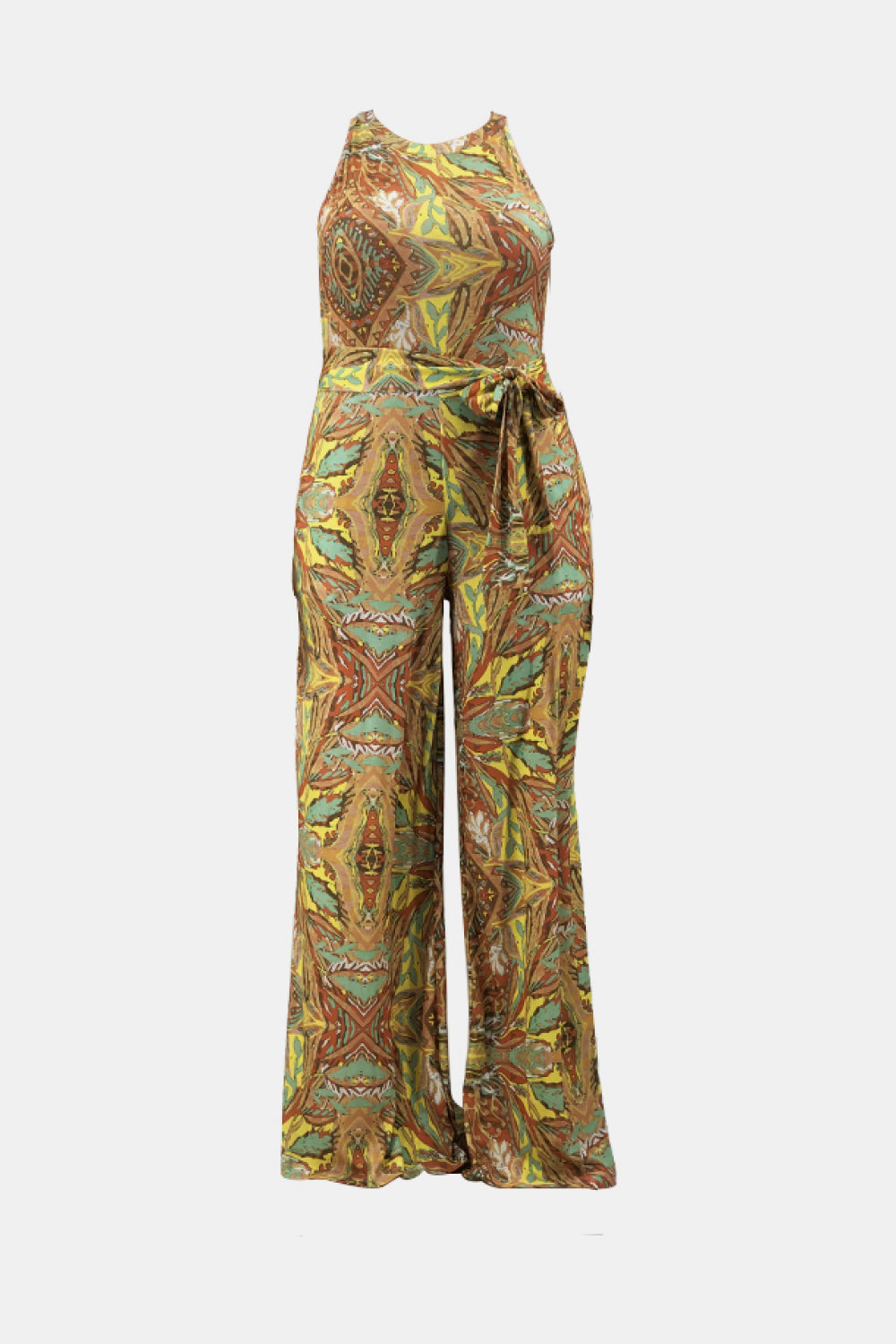 Plus Size Printed Tie Waist Jumpsuit with Pockets