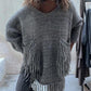 Fringe Detail Long Sleeve Sweater with Pockets