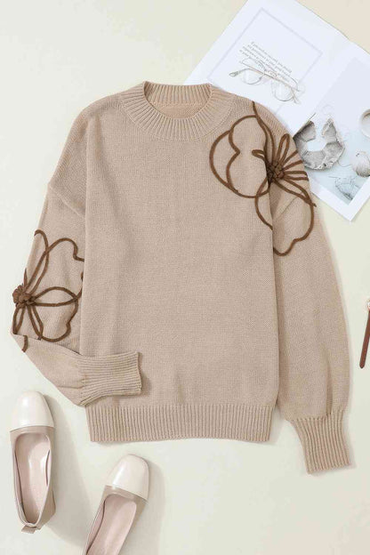 Floral Round Neck Drop Shoulder Sweater