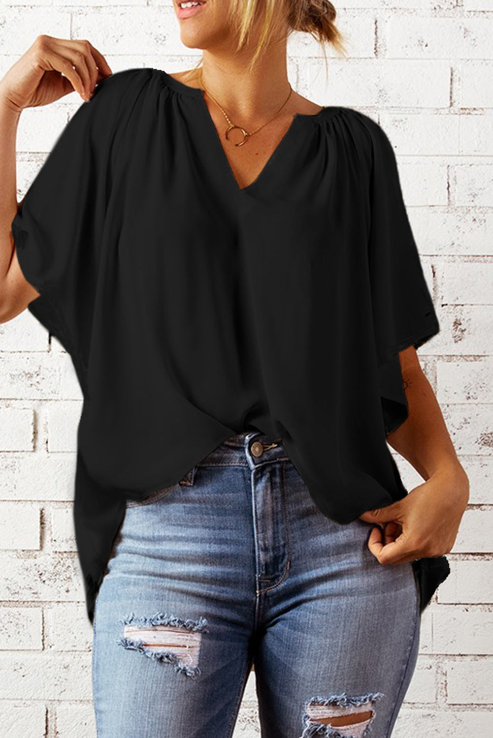 Gathered Detail Notched Neck Flutter Sleeve Top