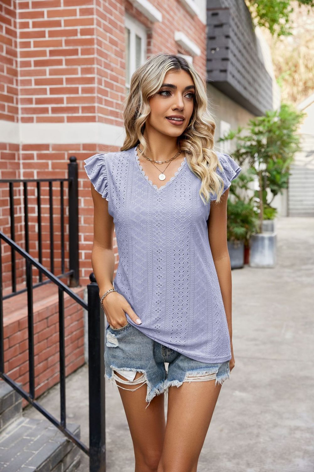 Eyelet Flutter Sleeve Scalloped V-Neck Top