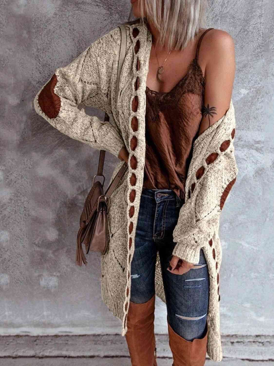 Openwork Long Sleeve Open Front Hooded Cardigan