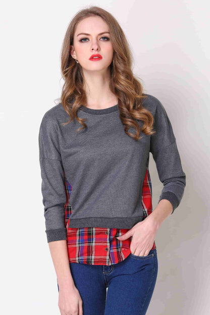 Plaid Patch Drop Shoulder Round Neck Top