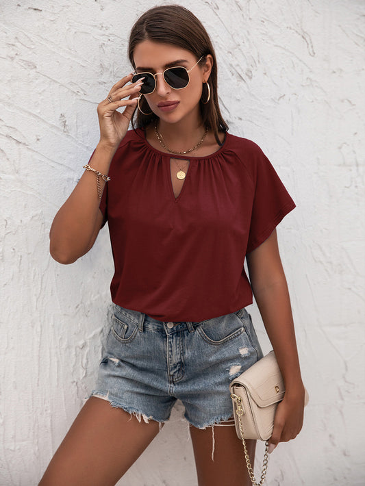 Woman in Wine Cutout Round Neck T-Shirt