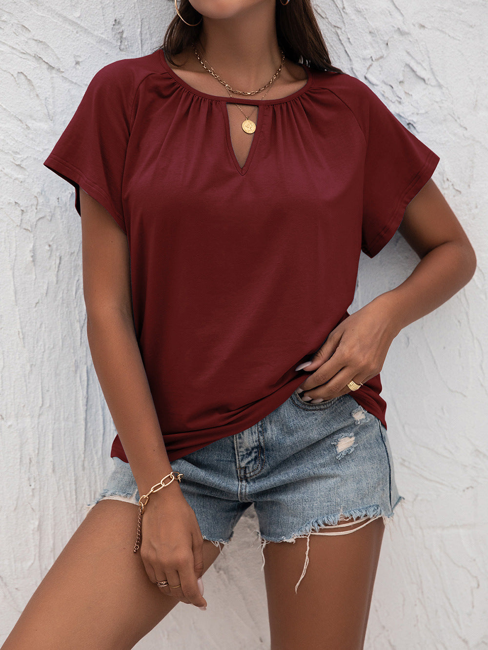 Woman in Wine Cutout Round Neck T-Shirt