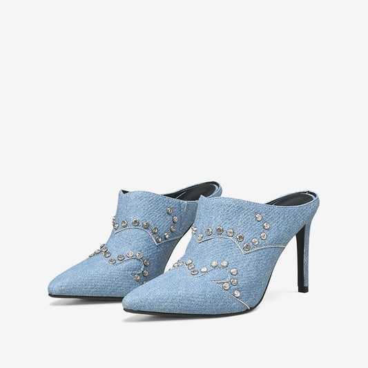 Denim Pointed Toe Stiletto Mules with Embellishments