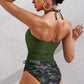 Drawstring Ruched Halter Neck Swim Top and Camouflage Bottoms Set
