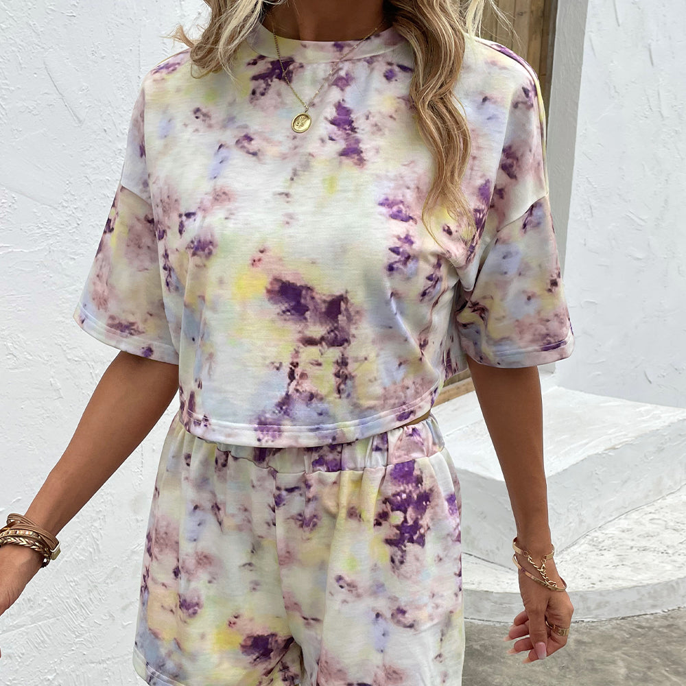 Tie Dye Round Neck Dropped Shoulder Top and Shorts Set