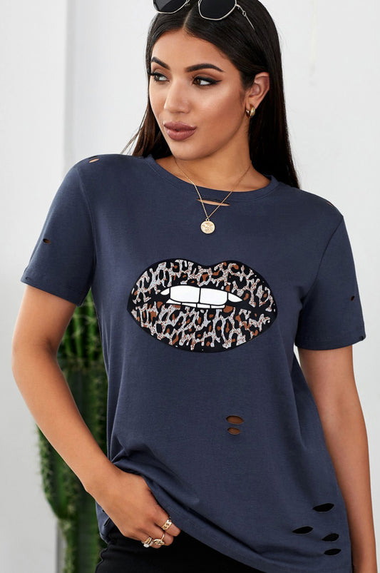 Leopard Lip Distressed Ladies T-Shirt