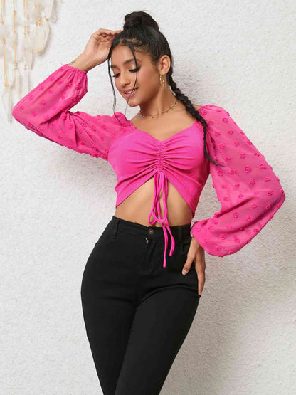 Swiss Dot Drawstring Cropped Blouse