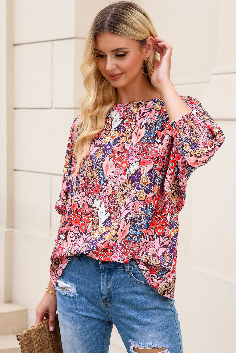 Floral Round Neck Three-Quarter Sleeve Top