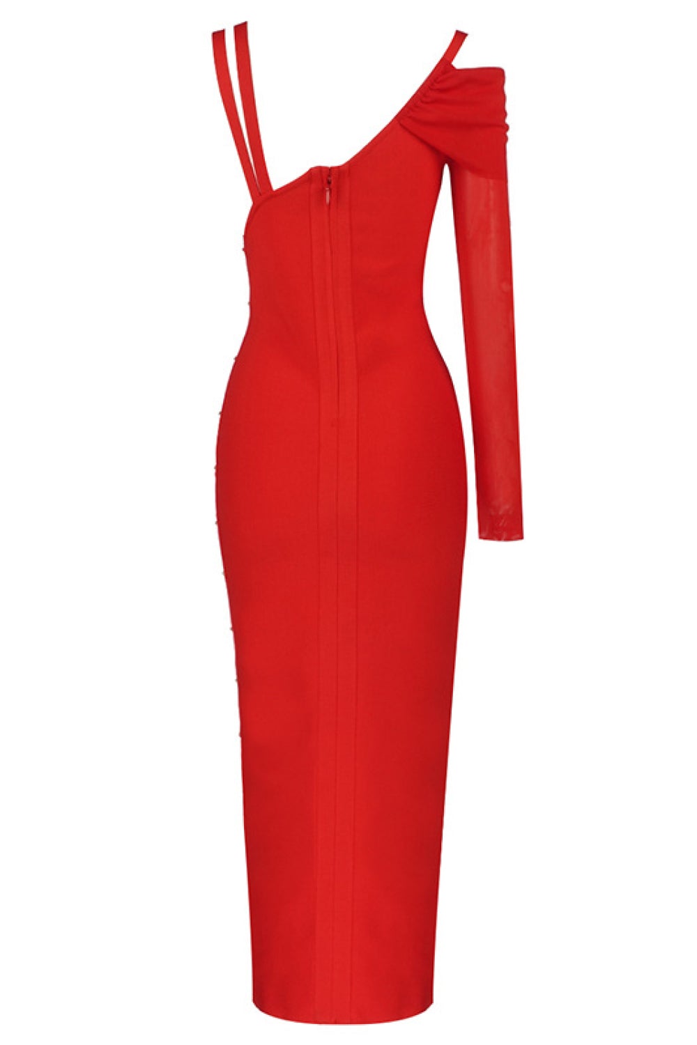 One Sleeve Pin Detail Slit Red Dress