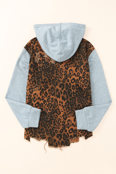 Leopard Distressed Drawstring Hooded Denim Jacket