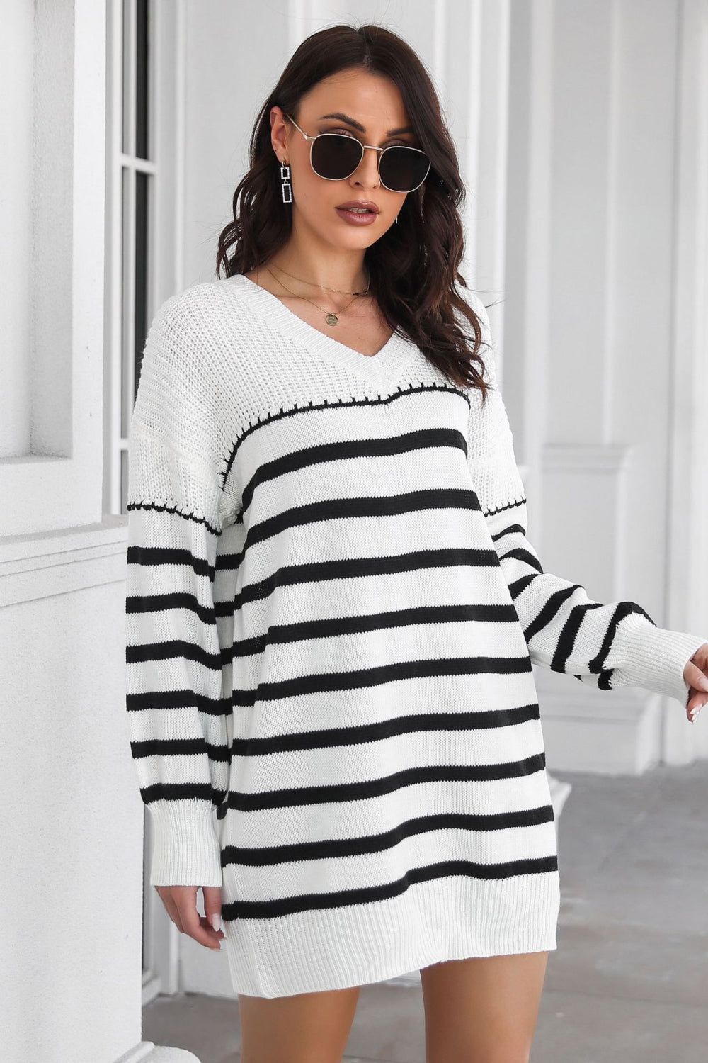 Striped V-Neck Drop Shoulder Sweater Dress