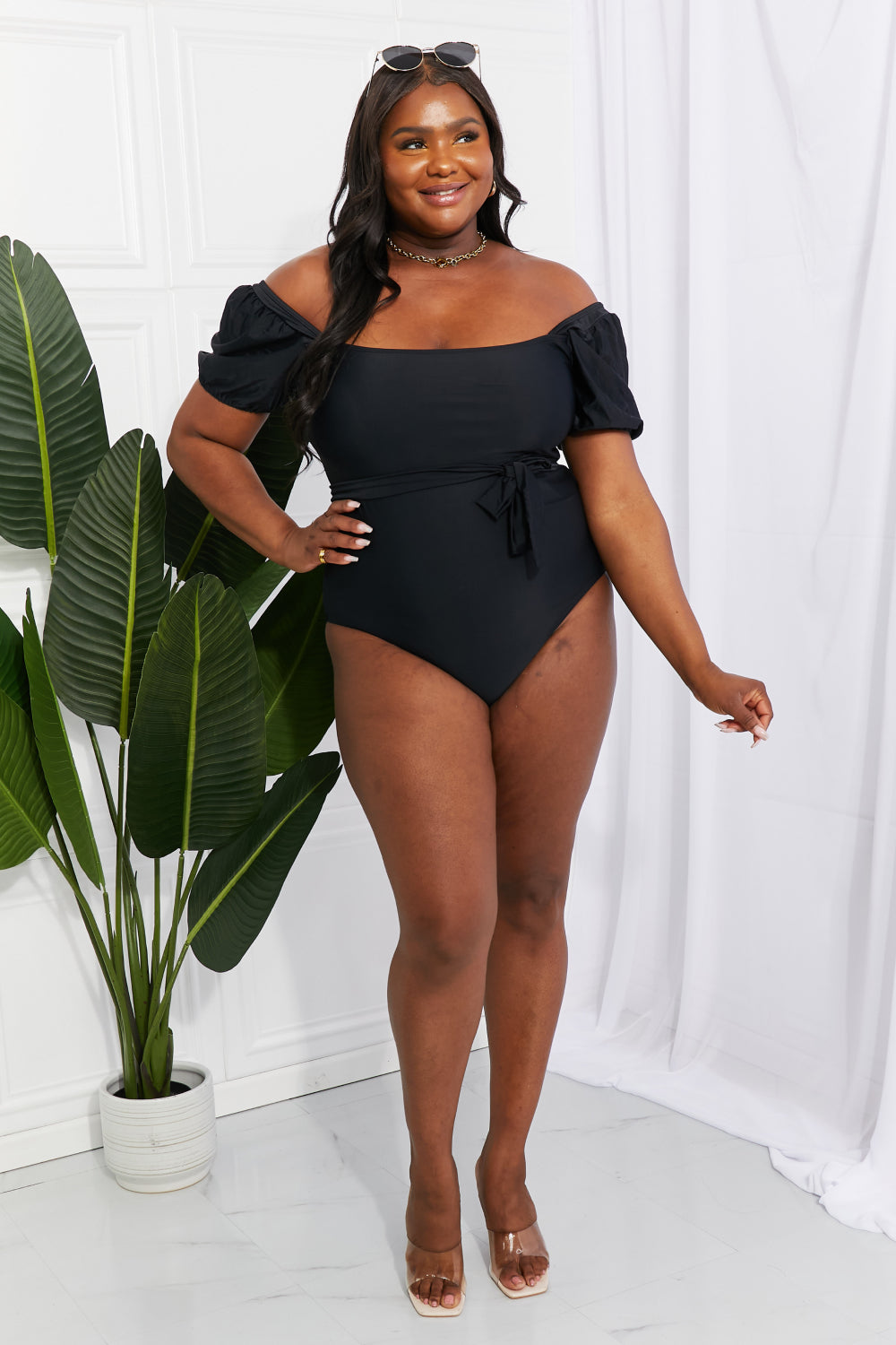 Puff Sleeve One-Piece Swimsuit in Black