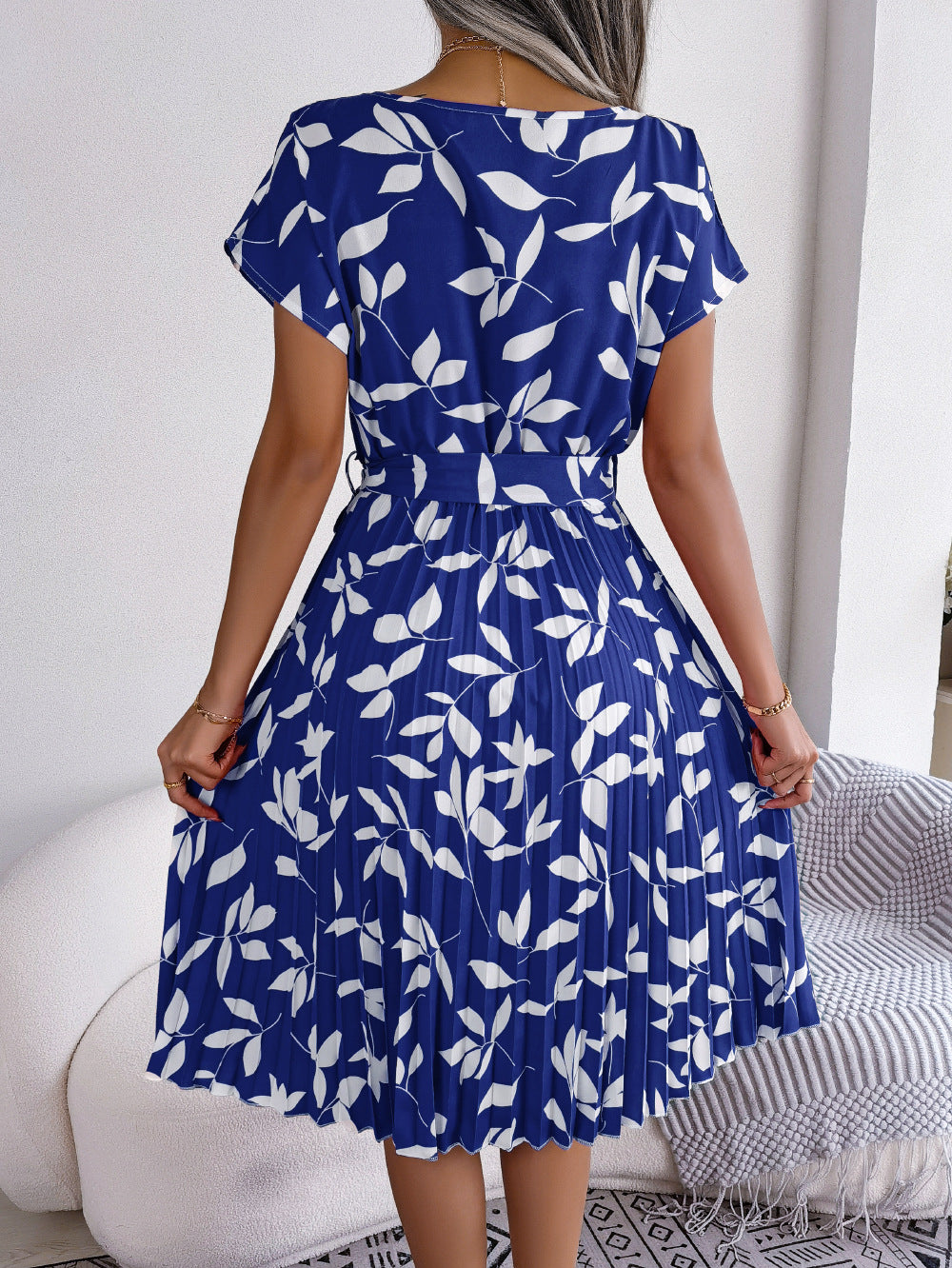 Printed Round Neck Short Sleeve Pleated Dress