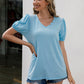 V-Neck Decorative Buttons Puff Sleeve Tee