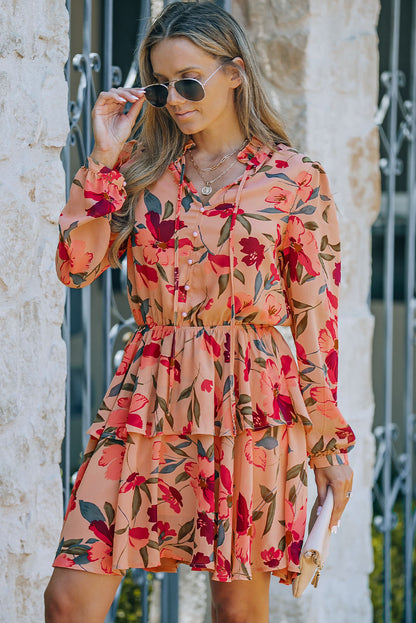 Floral Buttoned Puff Sleeve Layered Mini Dress