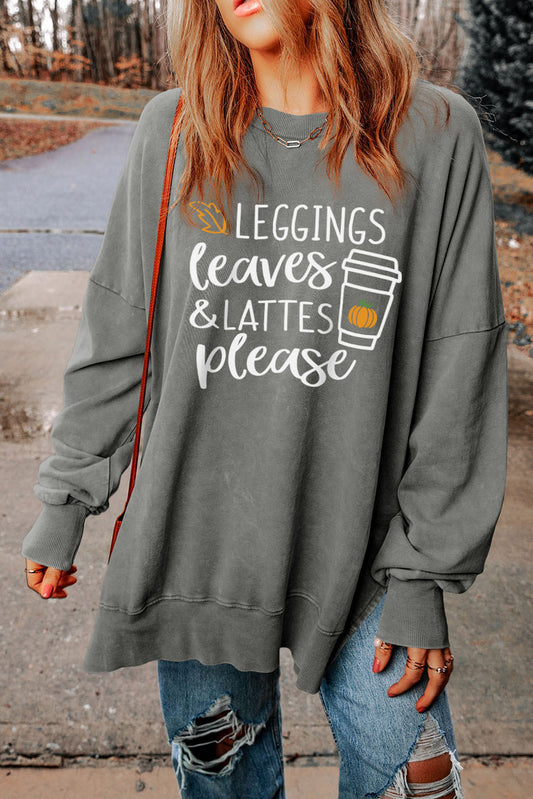 Round Neck Dropped Shoulder LEGGINGS LEAVES & LATTES PLEASE Graphic Sweatshirt