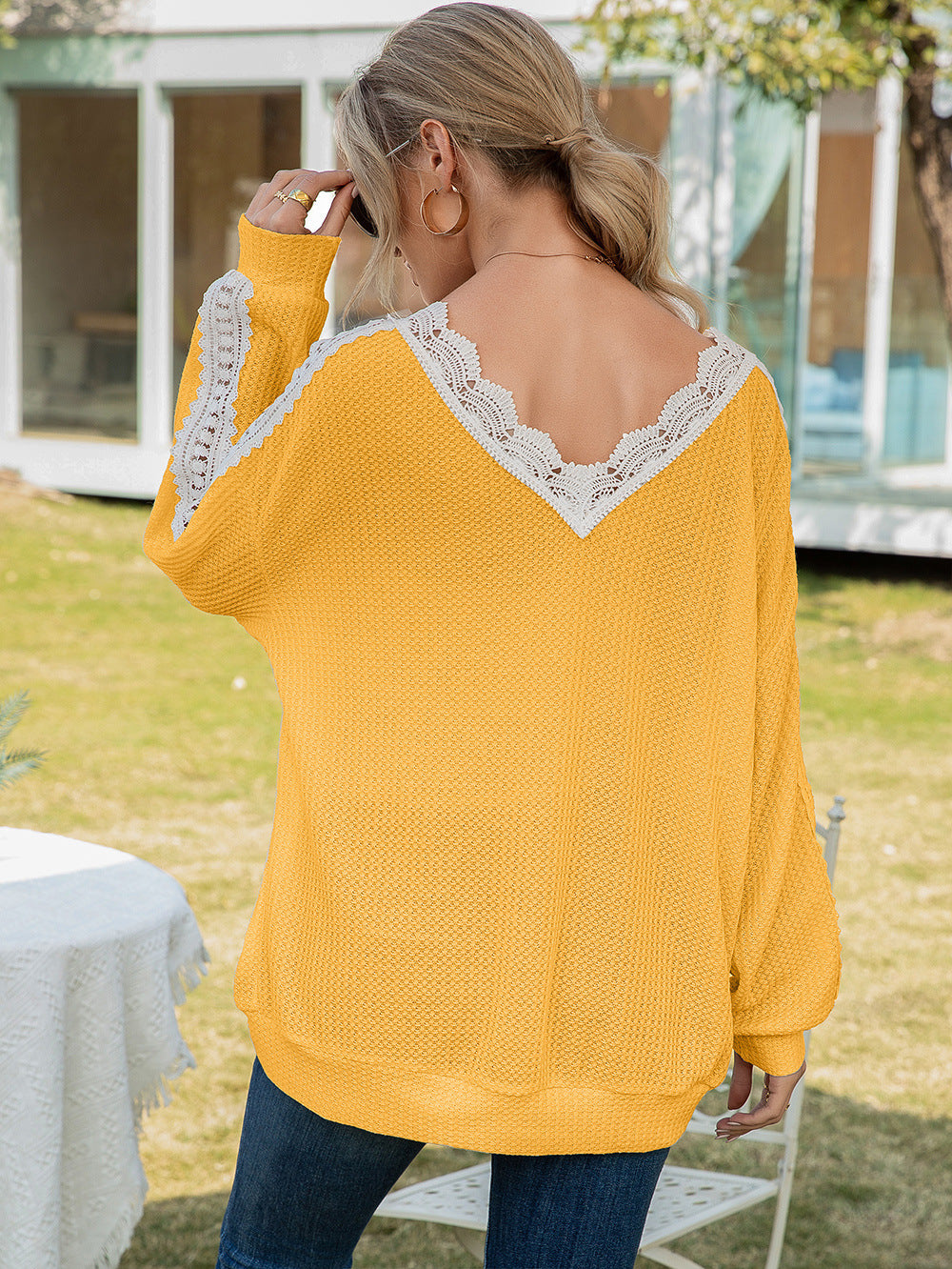 Contrast Spliced Lace V-Neck Top