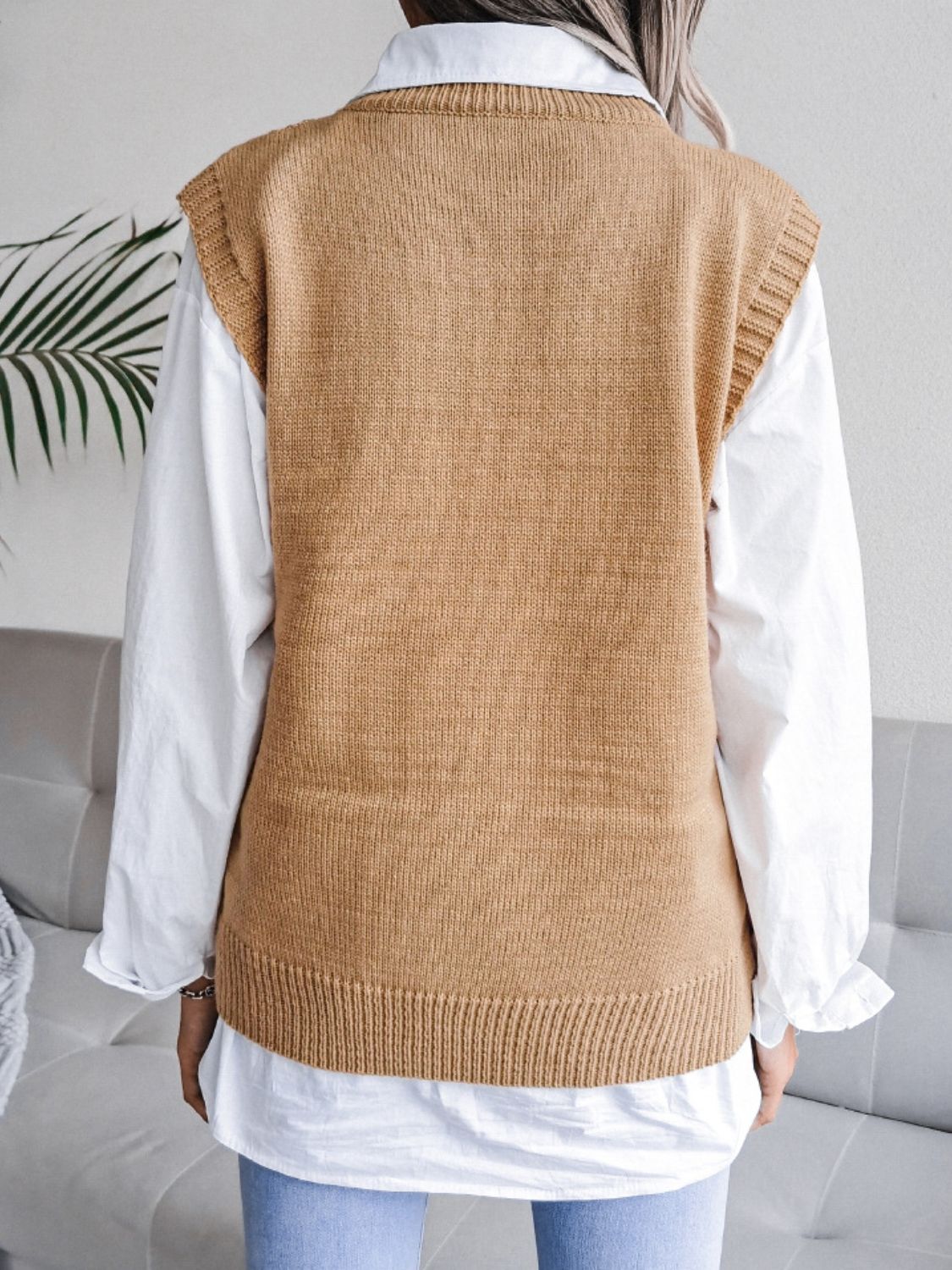 Round Neck Openwork Capped Sleeve Sweater Vest
