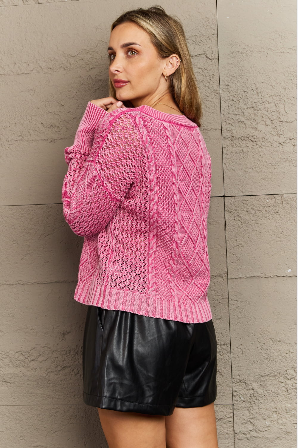 HEYSON Soft Focus Wash Cable Knit Cardigan in Fuchsia