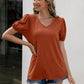 V-Neck Decorative Buttons Puff Sleeve Tee