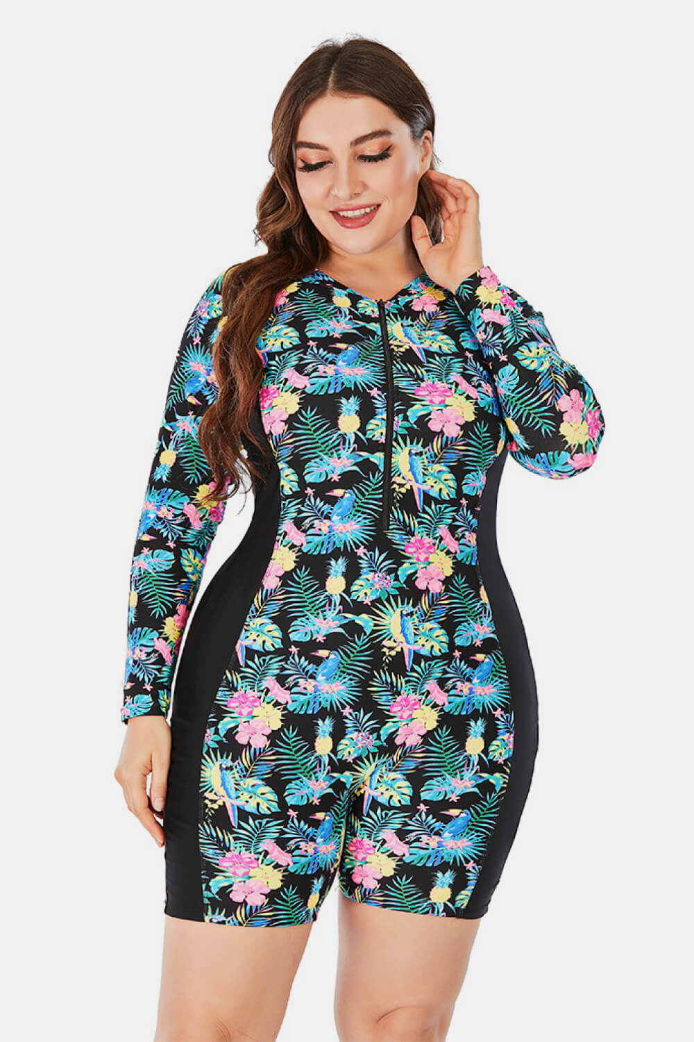 Plus Size Floral Zip Up  Long Sleeve One-Piece Swimsuit