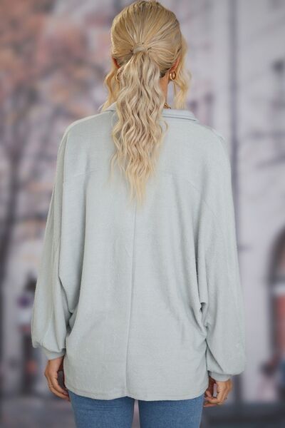 Half Button Collared Neck Long Sleeve Sweatshirt