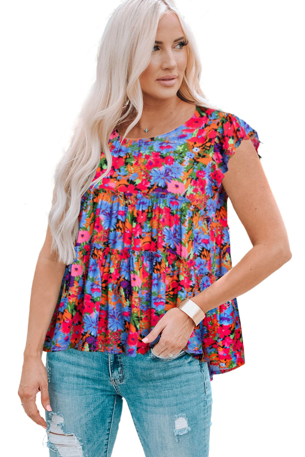 Women's Tropical Floral Frill Trim Blouse