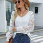 Lace Sleeve Ribbed Trim V-Neck Sweater
