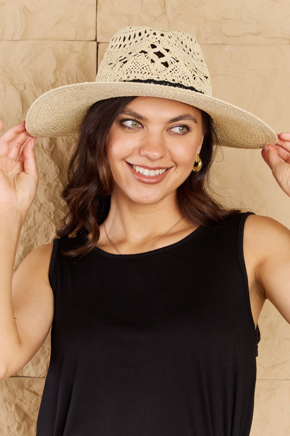 Fame Lace Detail Straw Braided Fashion Sun Hat