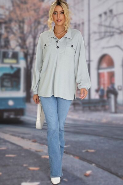 Half Button Collared Neck Long Sleeve Sweatshirt