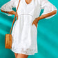 Woman wearing White Applique Flounce Sleeve Mini Dress