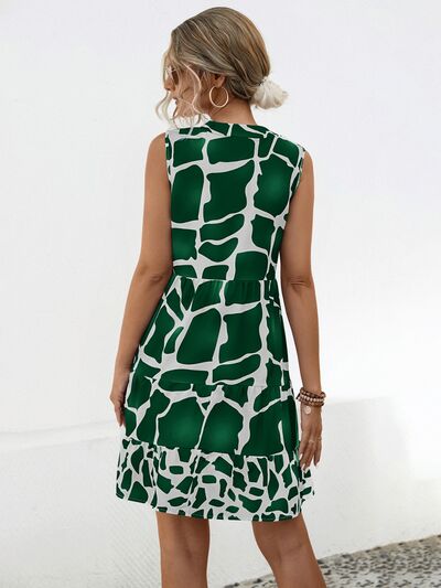 Printed Notched Sleeveless Tiered Dress