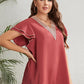 Plus Size Contrast V-Neck Layered Flutter Sleeve Blouse