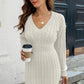 Cable-Knit V-Neck Long Sleeve Mini Sweater Dress