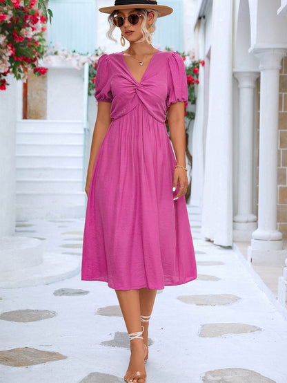 Twisted Short Puff Sleeve V-Neck Dress