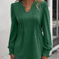 Ruched Notched Neck Puff Sleeve Smocked Wrist Blouse