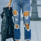 Distressed Frayed Trim Straight Leg Jeans