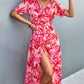 Floral Print High Slit Surplice Neck Tie Waist Midi Dress