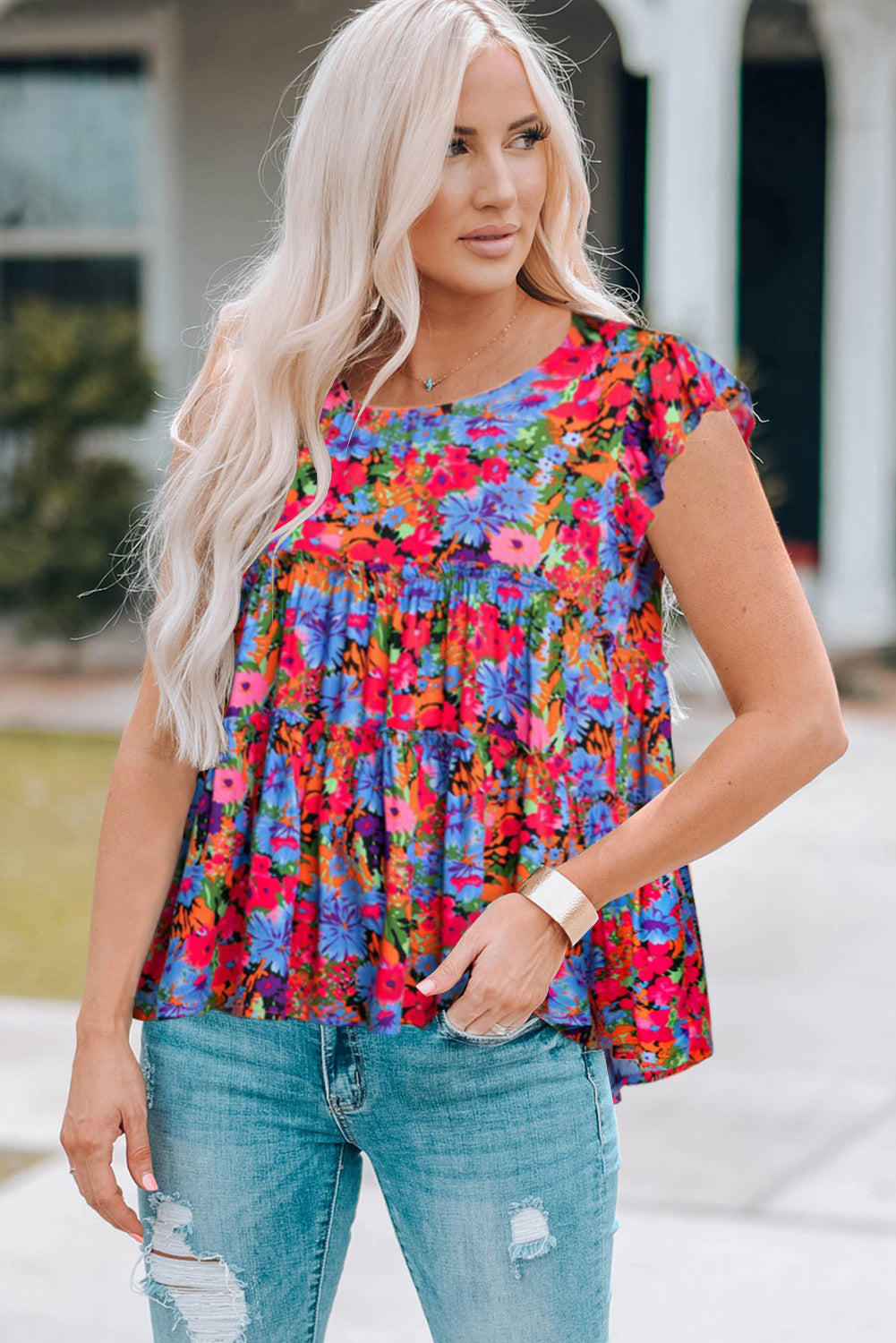 Women's Tropical Floral Frill Trim Blouse