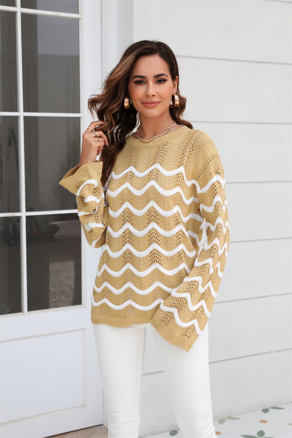 Wave Pattern Round Neck Long Sleeve Sweater