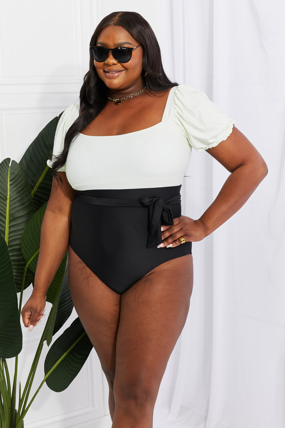Puff Sleeve One-Piece Swimsuit in Cream/Black