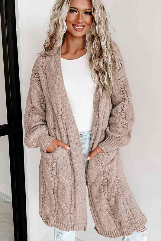 Cable-Knit Dropped Shoulder Slit Cardigan