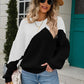 Two-Tone Round Neck Ribbed Sweater