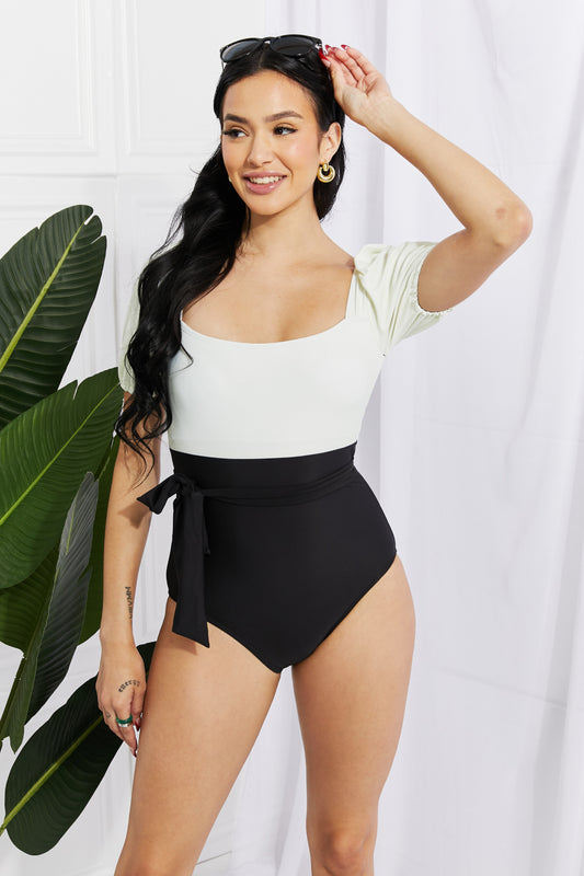 Marina West Swim Puff Sleeve One-Piece Swimsuit in Cream/Black