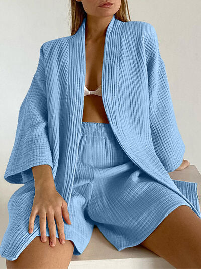 Textured Dropped Shoulder Cardigan and Shorts Set