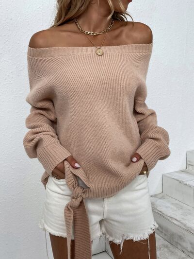 Ribbed Tied Off-Shoulder Sweater